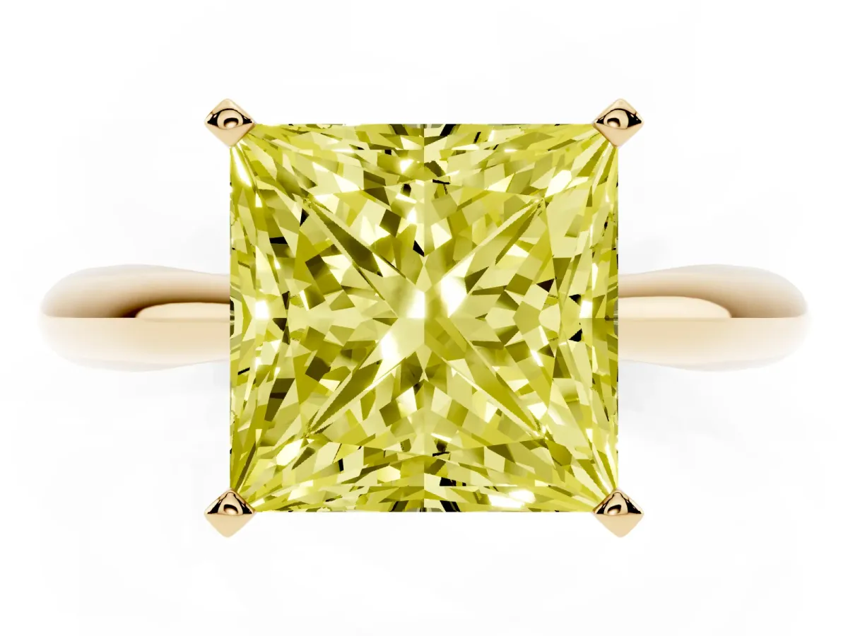 Fancy Yellow Princess Cut Diamond Solitaire Engagement Ring with Cathedral Setting and Four-Prong Mount Yellow gold