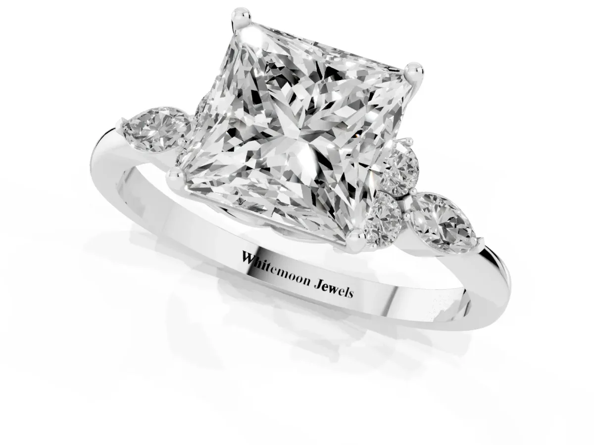Princess Cut Brilliant Diamond Solitaire Ring with Pear Side Stones and Four-Prong Setting Silver