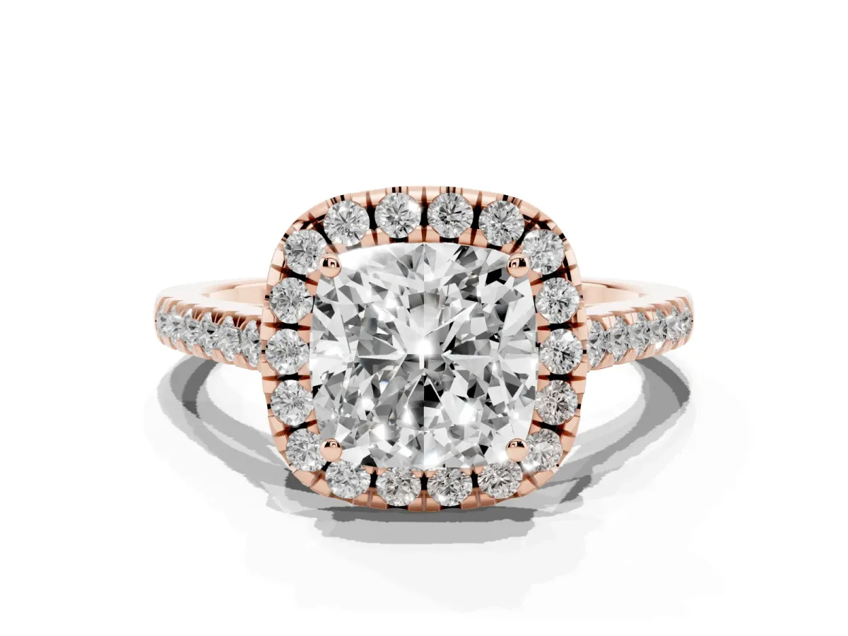 Cushion Cut Halo Pavé Diamond Engagement Ring with Four-Prong Setting Rose gold