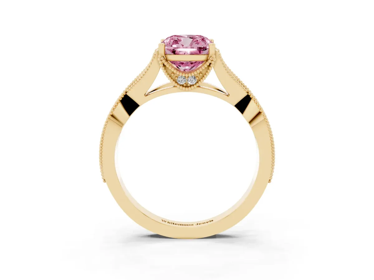 Fancy Pink Cushion Cut Cut Diamond Twisted Band with Milgrain Pave Setting and Four-Prong Setting Yellow gold
