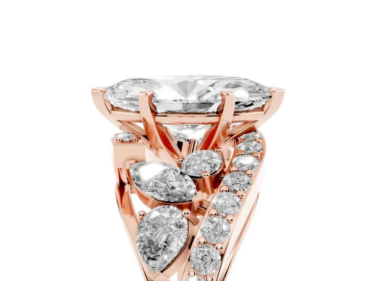 Marquise Cut Diamond Halo Ring with Marquise and Pavé Band in Prong Setting Rose gold