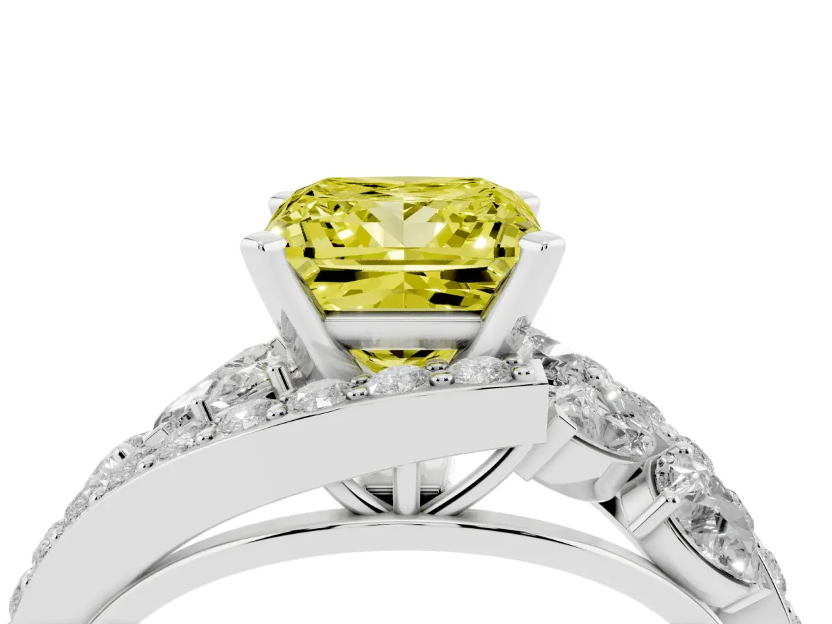 Fancy Yellow Princess Cut Diamond Halo Ring with Marquise and Pavé Band in Prong Setting Silver