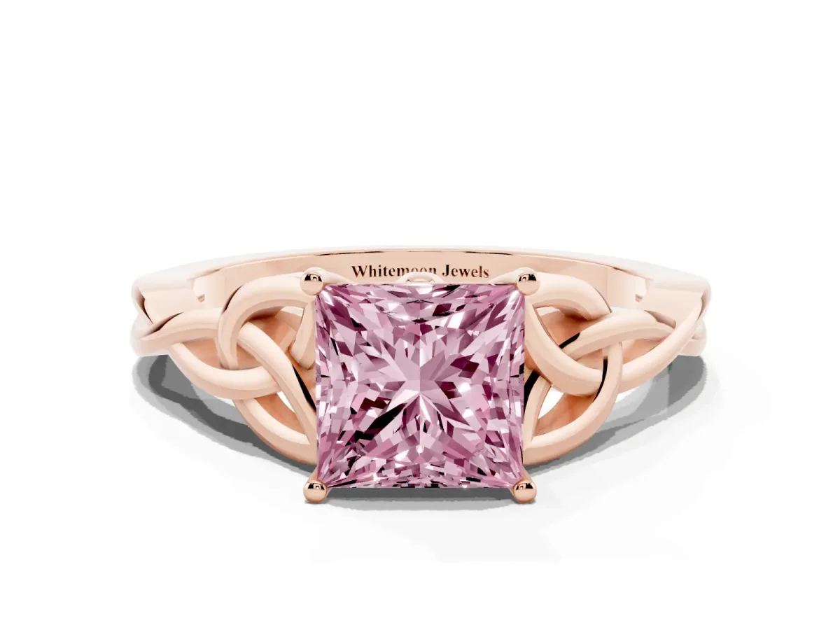 Fancy Pink Princess Cut Diamond Solitaire Engagement Ring with Celtic Knot Band and Four-Prong Setting Rose gold