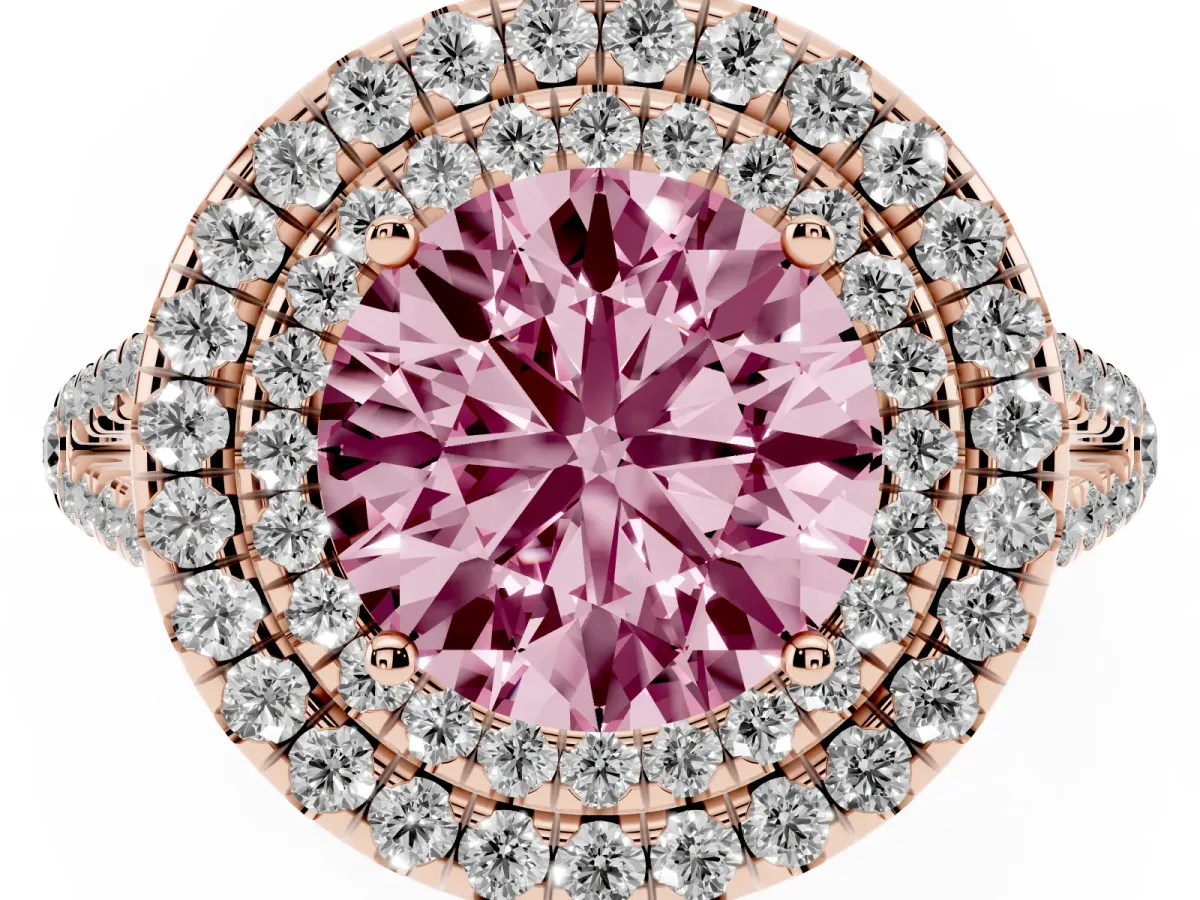 Fancy Pink Round Cut Diamond Double Halo Ring with Pavé Band and Prong Setting Rose gold
