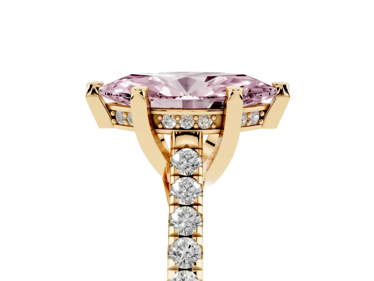 Fancy Pink Marquise Cut Brilliant Diamond Solitaire with Pavé Band and Four-Prong Setting Yellow gold