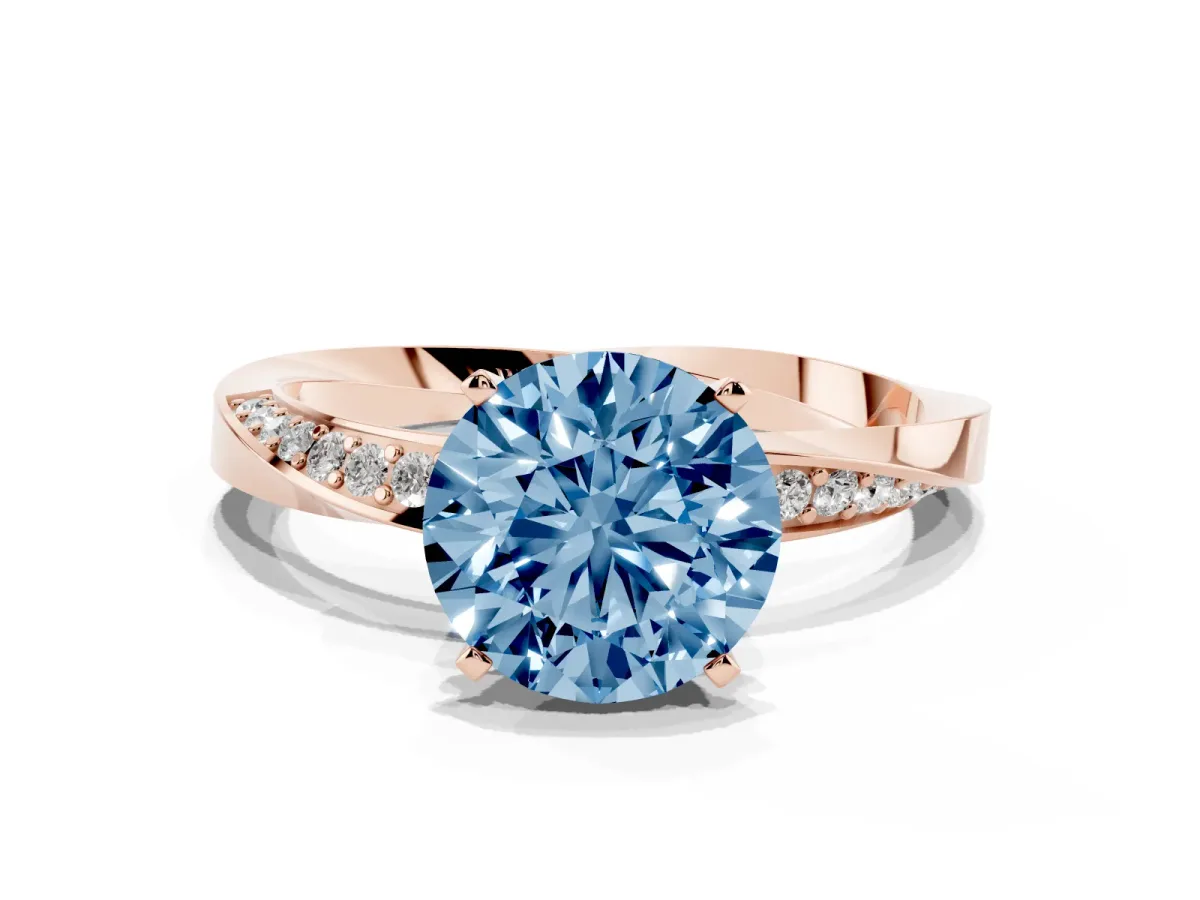 Fancy Blue Round Cut Diamond Engagement Ring with Side Stone Accents and Four-Prong Setting Rose gold