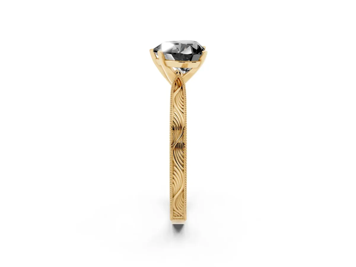 Fancy Black Heart Cut Solitaire Milgrain Engraved Band with Four-Prong Setting Yellow gold