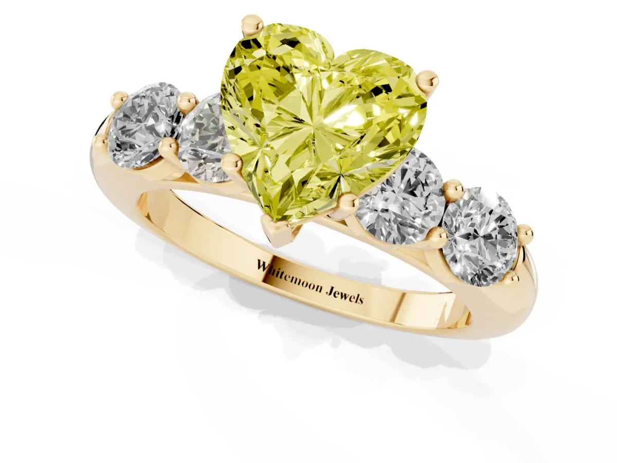 Fancy Yellow Heart Cut Cut Five-Stone Prong Set Diamond Ring with Classic Band Yellow gold