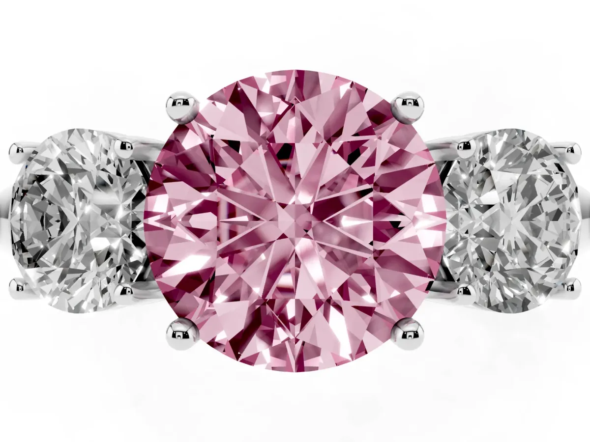 Fancy Pink Three-Stone Round Cut Cut Diamond Engagement Ring with Prong Setting on a White Gold Band Silver