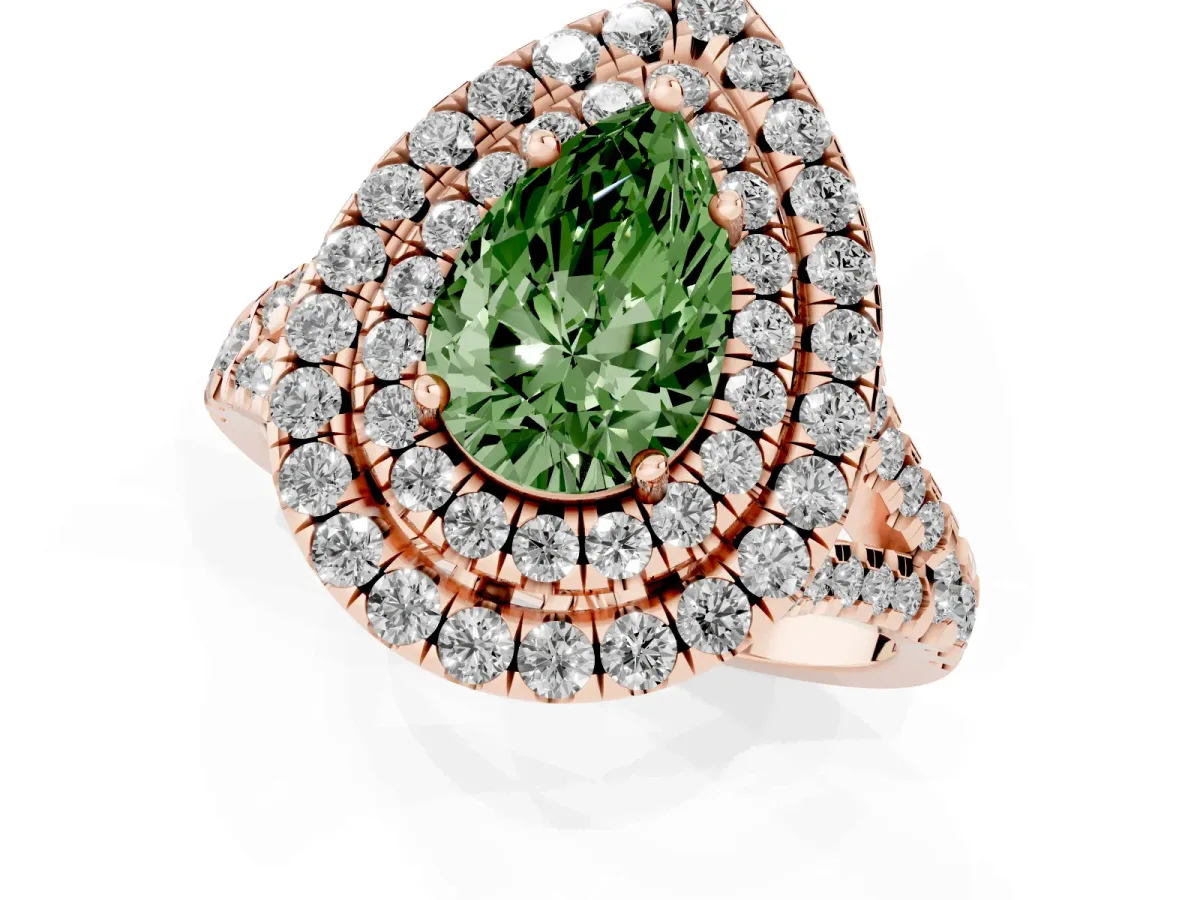 Fancy Green Double Halo Pear Cut Diamond Pavé Split Shank Ring with Prong Setting Rose gold