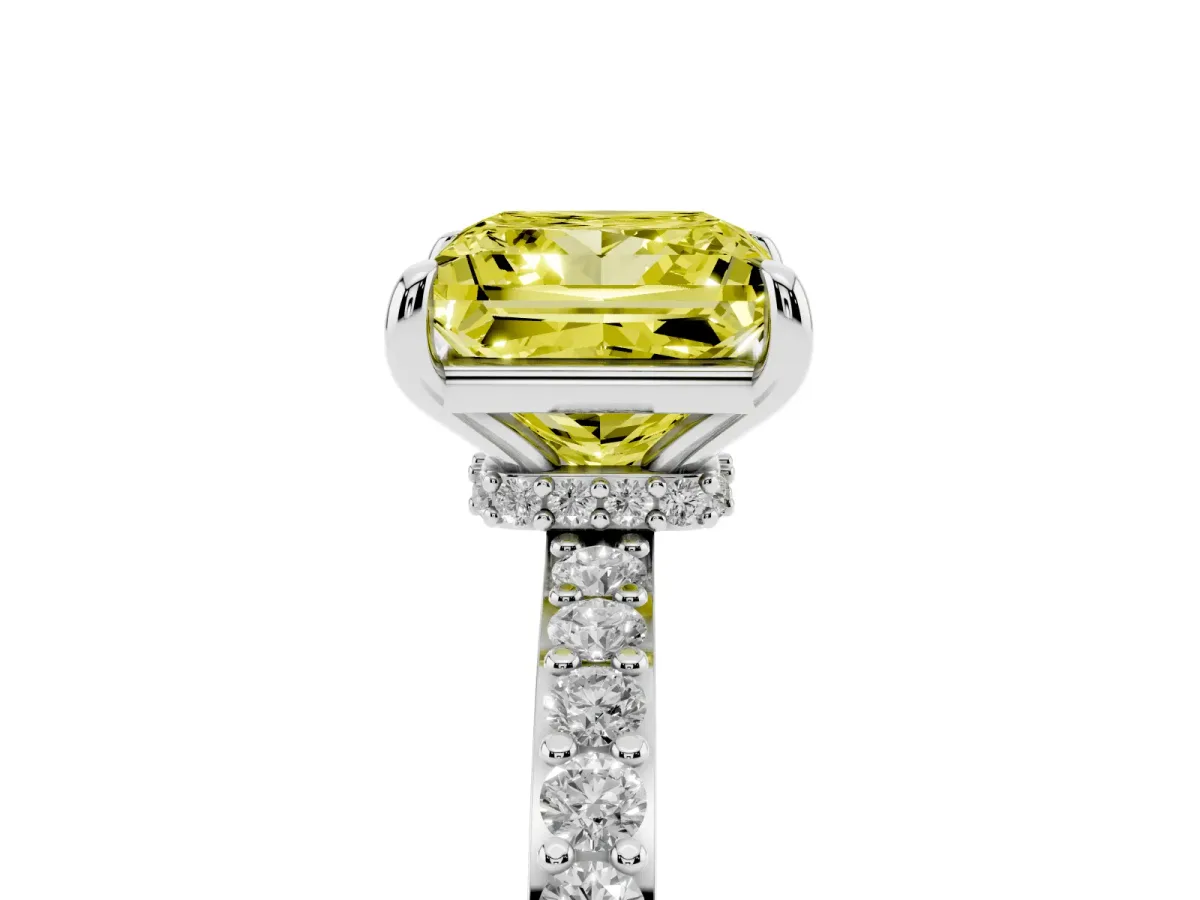 Fancy Yellow Princess Cut Diamond Solitaire Engagement Ring with Pavé Band and Four-Prong Setting Silver