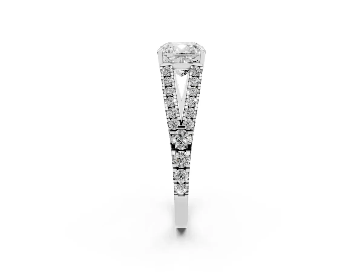 Cushion Cut Diamond Split Shank Engagement Ring with Round Pavé and Prong Setting Silver