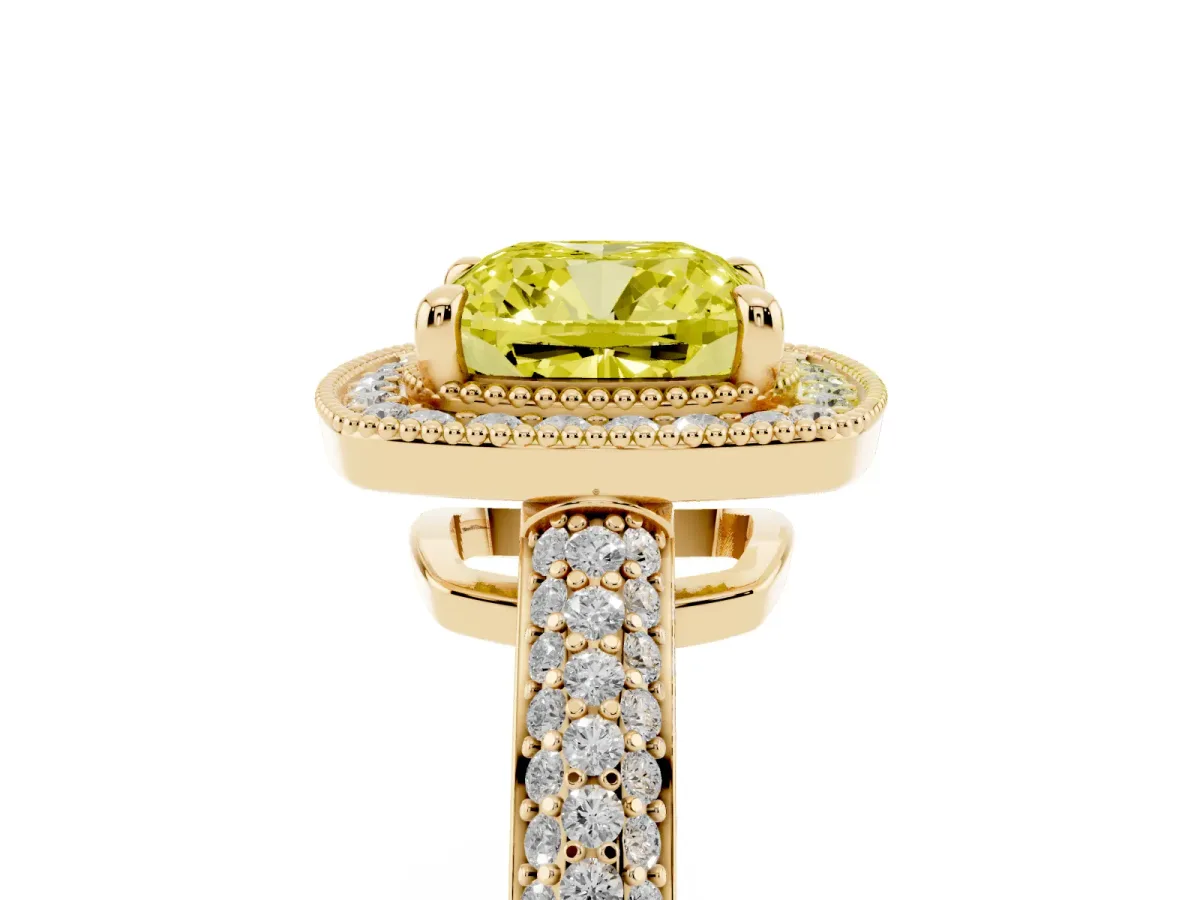 Fancy Yellow Cushion Cut Cut Halo Diamond Pave Band with Four-Prong Setting Yellow gold