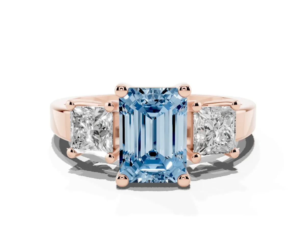 Fancy Blue Three-Stone Emerald Cut Cut Solitaire Ring with Prong Setting Rose gold