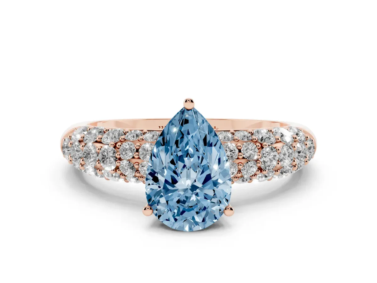 Fancy Blue Pear Cut Diamond Pavé Band Solitaire Ring with Four-Prong Setting Rose gold