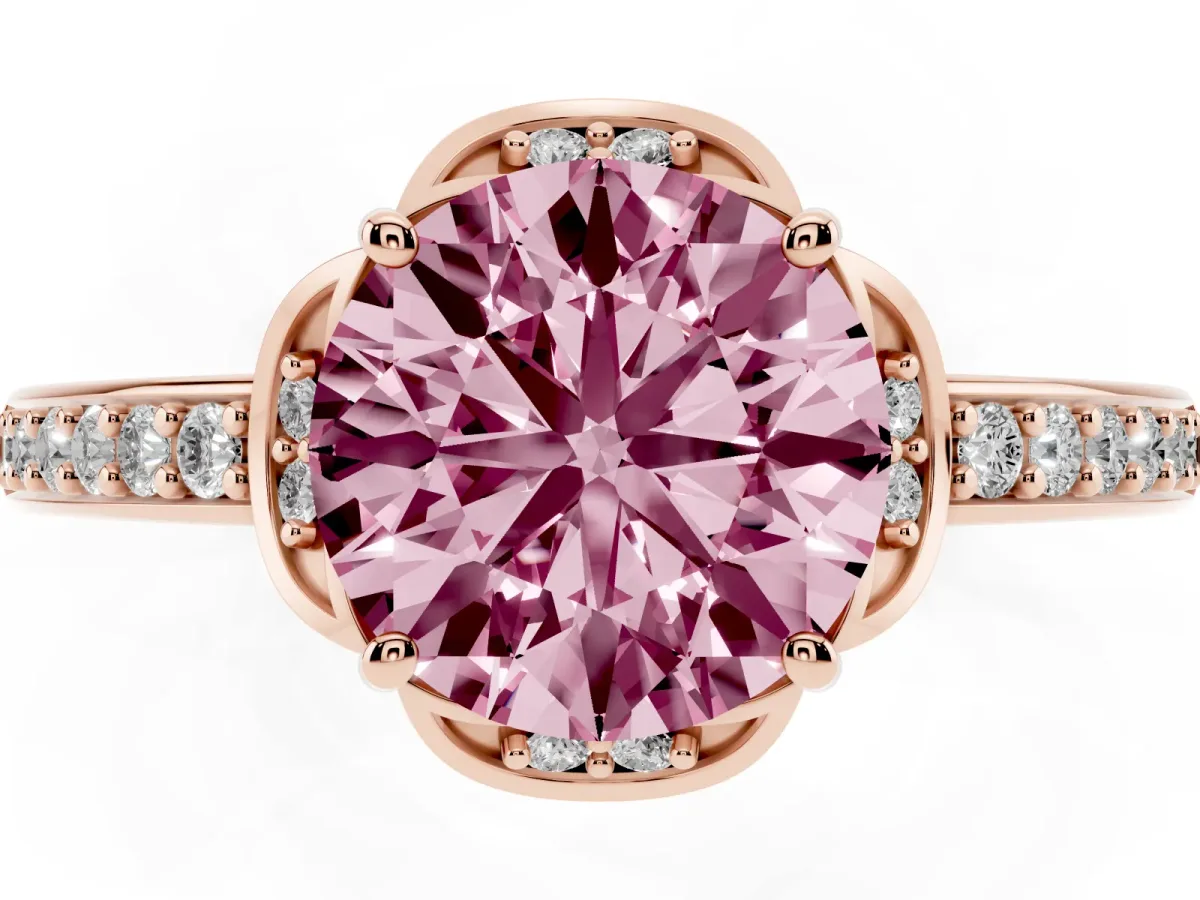 Fancy Pink Round Cut Cut Halo Diamond Ring with Channel Set Band and Four-Prong Setting Rose gold