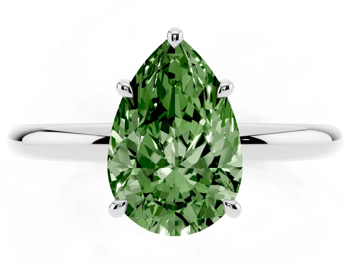 Fancy Green Pear Cut Diamond Solitaire Ring with Thin Band and Four-Prong Setting White gold