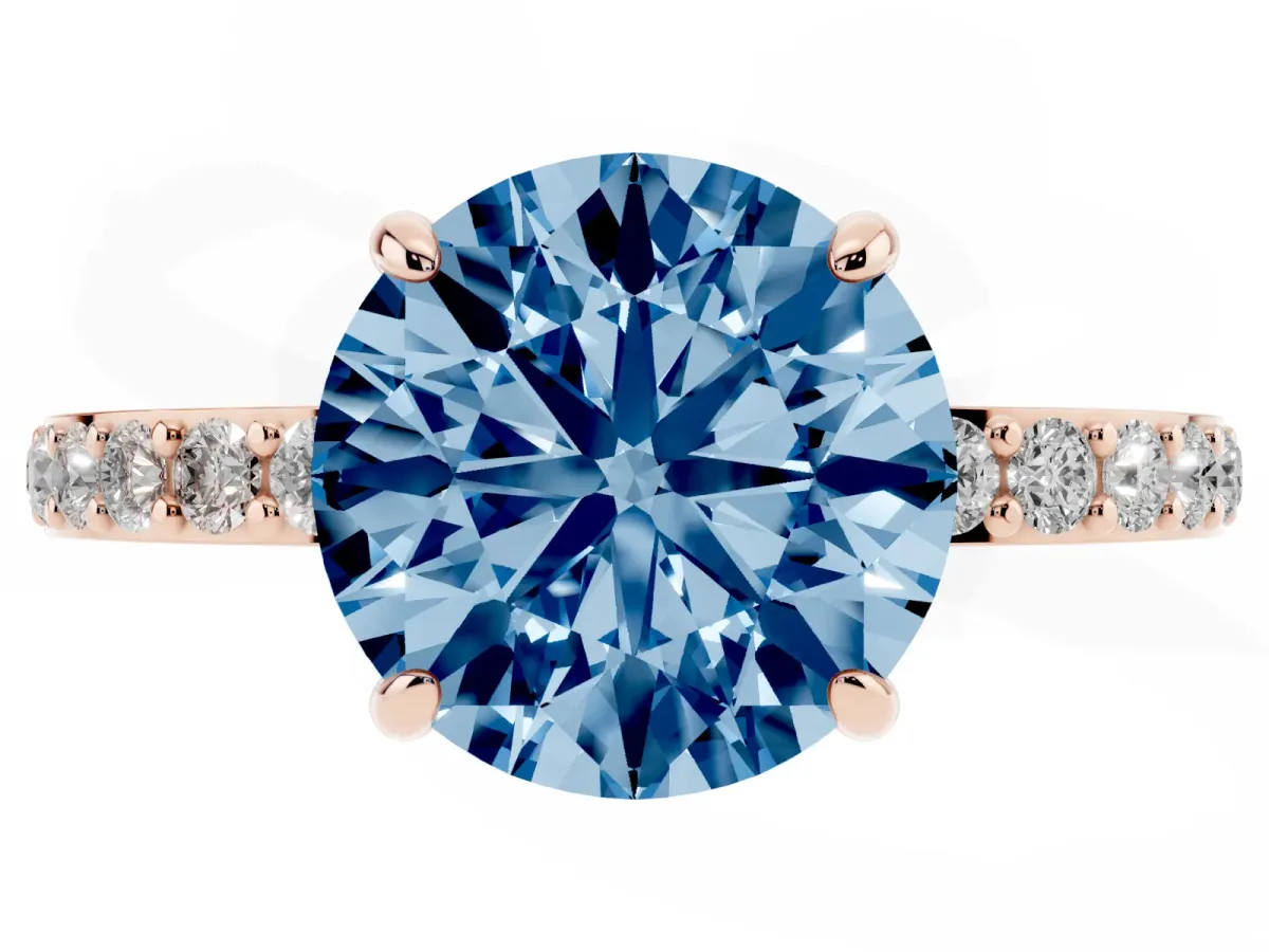 Fancy Blue Round Cut Diamond Pavé Engagement Ring with Round Accents and Prong Setting Rose gold