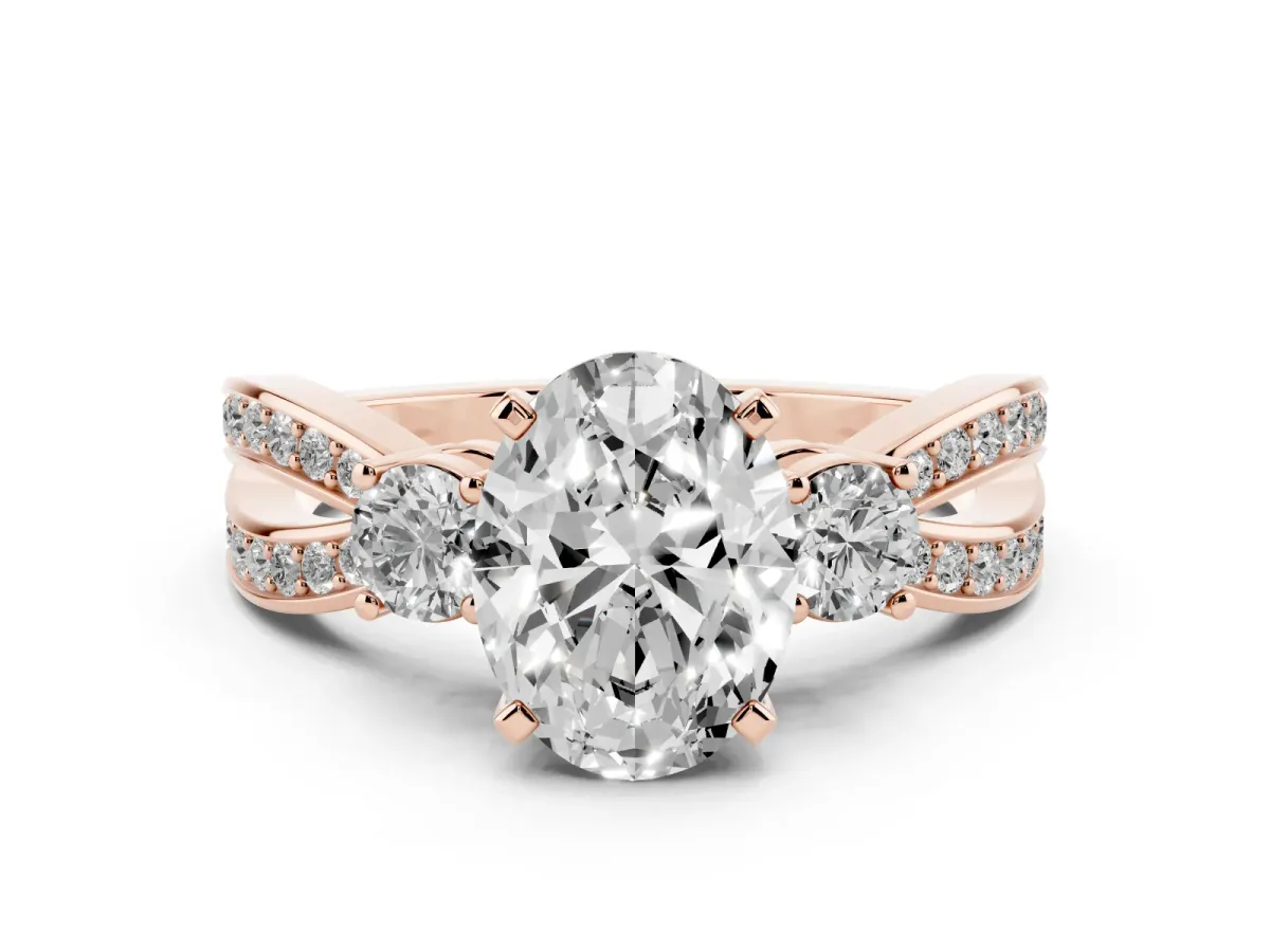 Three-Stone Oval Cut Cut Diamond Twist Band with Prong Setting Rose gold