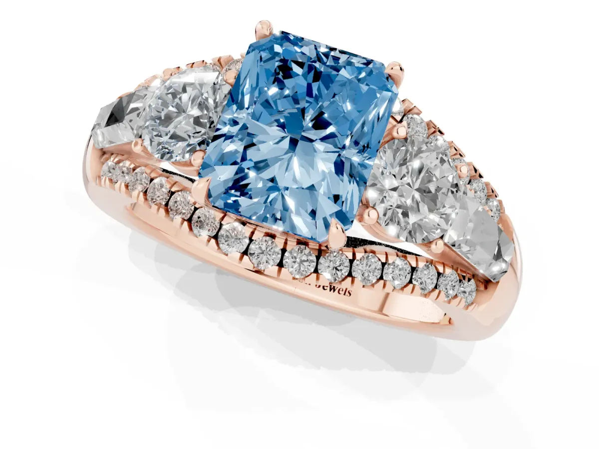 Fancy Blue Three-Stone Radiant Cut Diamond Engagement Ring with Pave Band and Prong Setting Rose gold