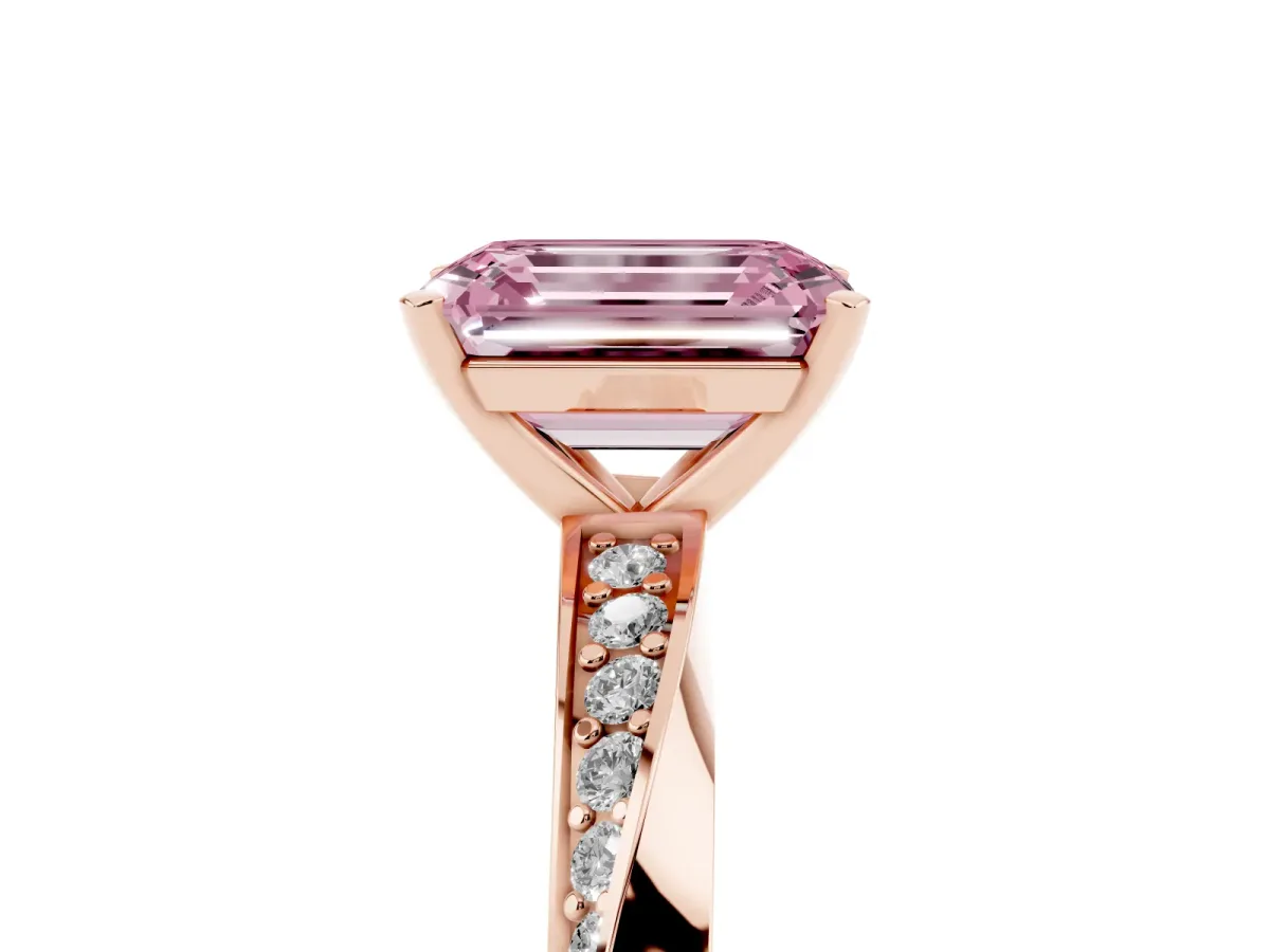 Fancy Pink Emerald Cut Diamond Engagement Ring with Side Stone Accents and Four-Prong Setting Rose gold