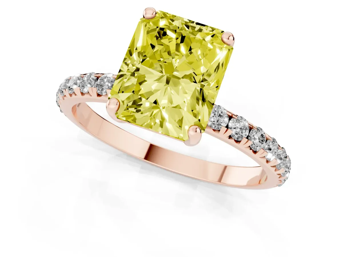 Fancy Yellow Radiant Cut Cut Diamond Solitaire Ring with Micro Pave Band and Four Prong Setting Rose gold