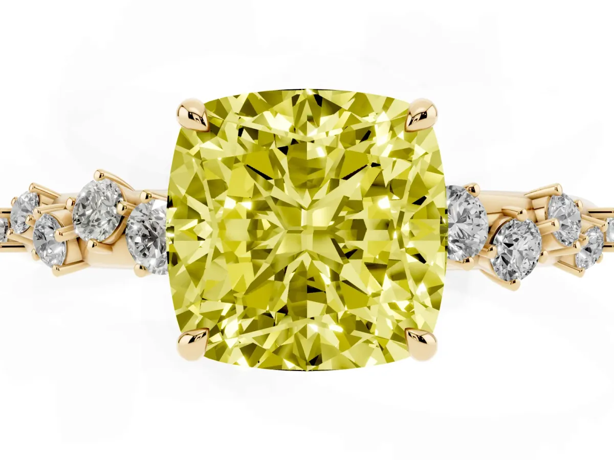 Fancy Yellow Cushion Cut Diamond Cluster Prong-Set Solitaire Ring Yellow gold