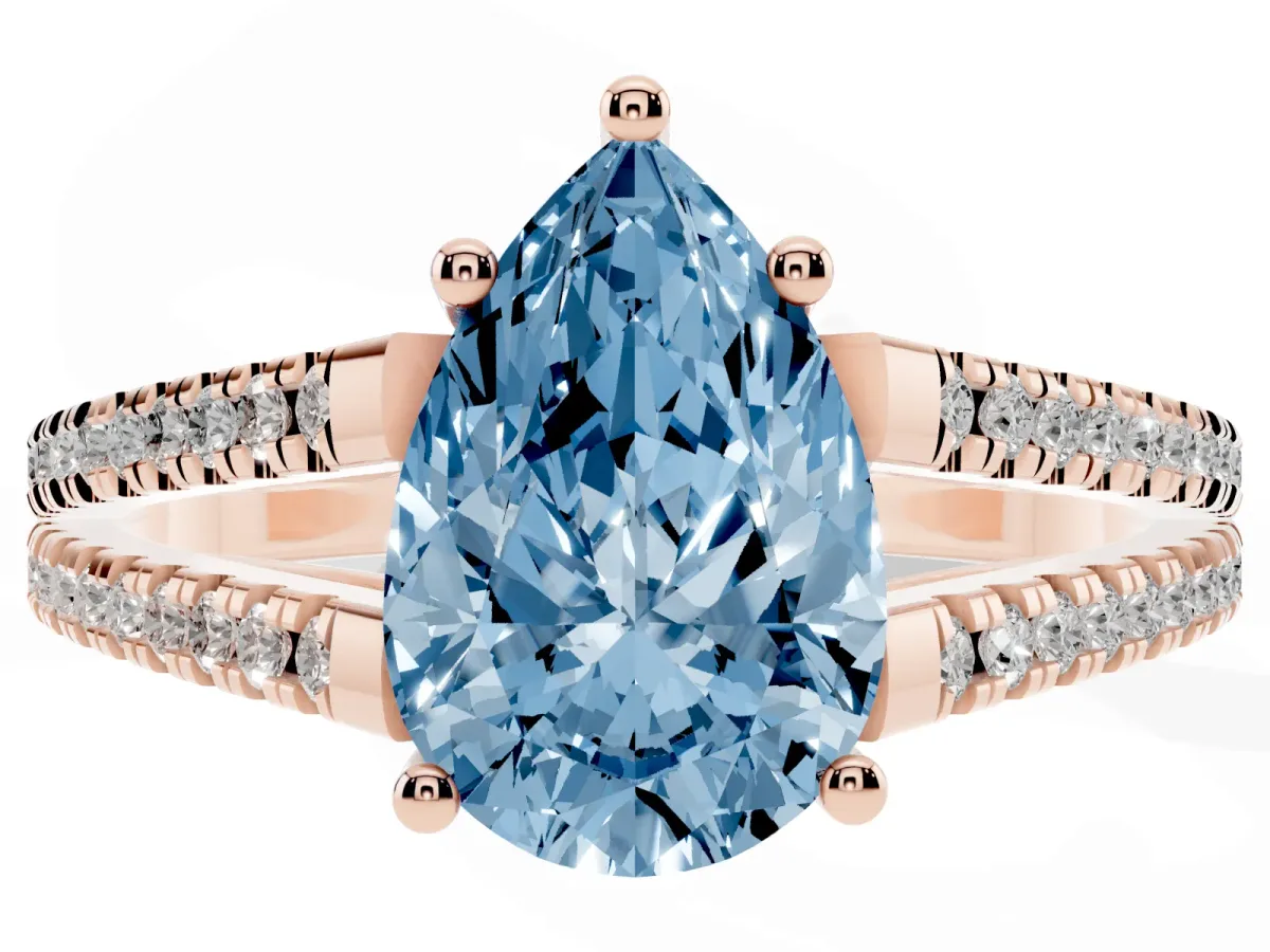 Fancy Blue Pear Cut Diamond Solitaire Engagement Ring with Split Shank Pavé Band Rose gold