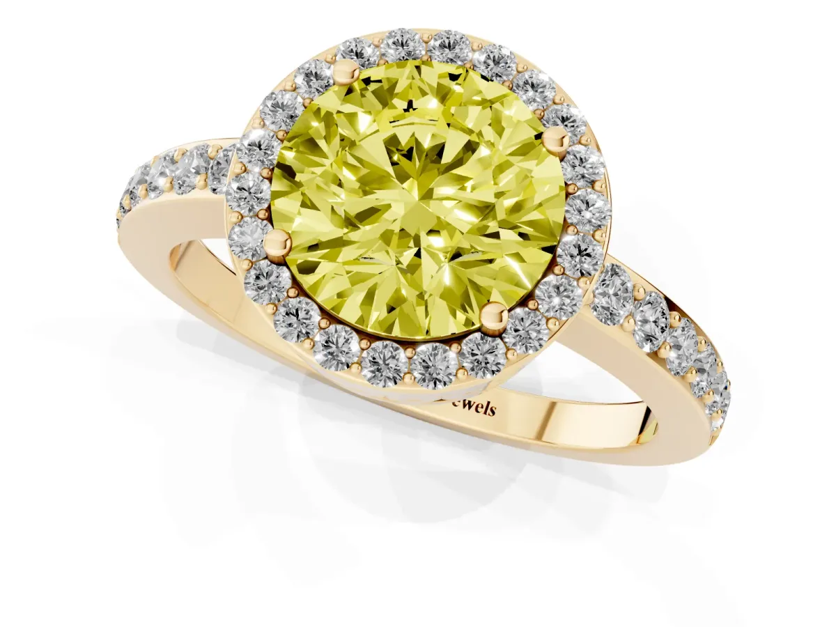 Fancy Yellow Round Cut Halo Diamond Pavé Band Ring with Prong Setting Yellow gold