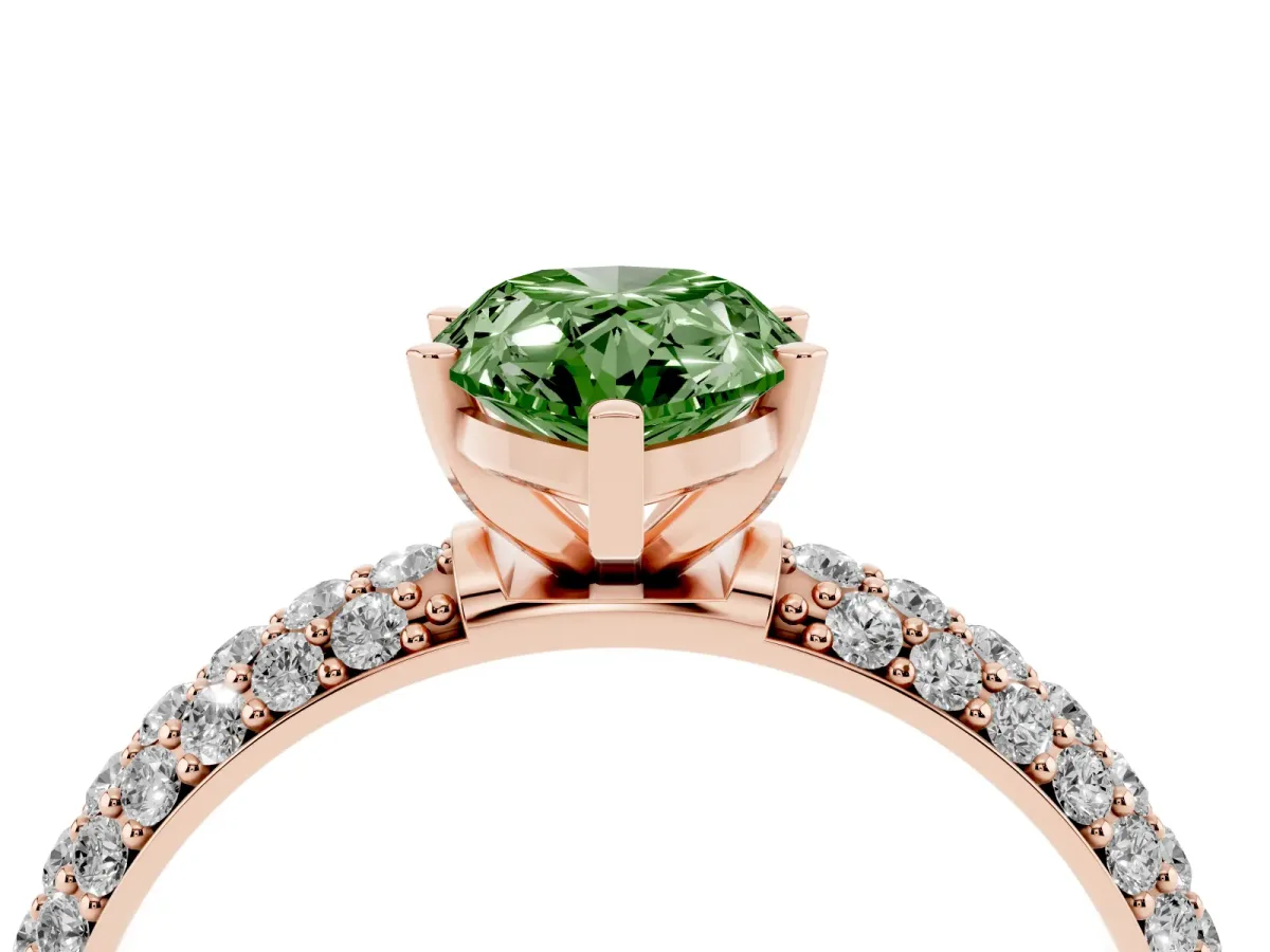 Fancy Green Pear Cut Diamond Solitaire Ring with Prong Setting and Pavé Band Rose gold