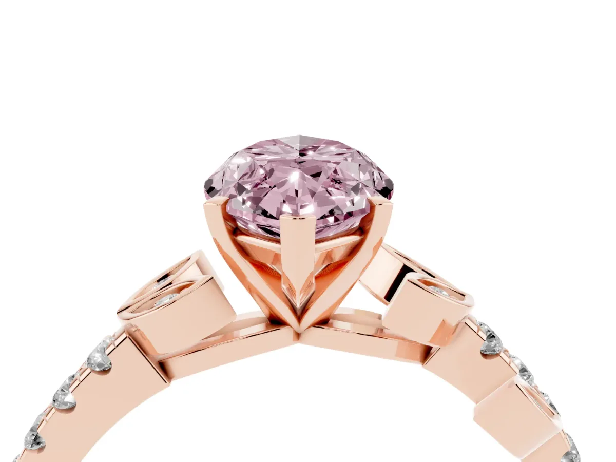 Fancy Pink Marquise Cut Solitaire Leaf-Inspired Diamond Ring with Pavé Band and Four-Prong Setting Rose gold