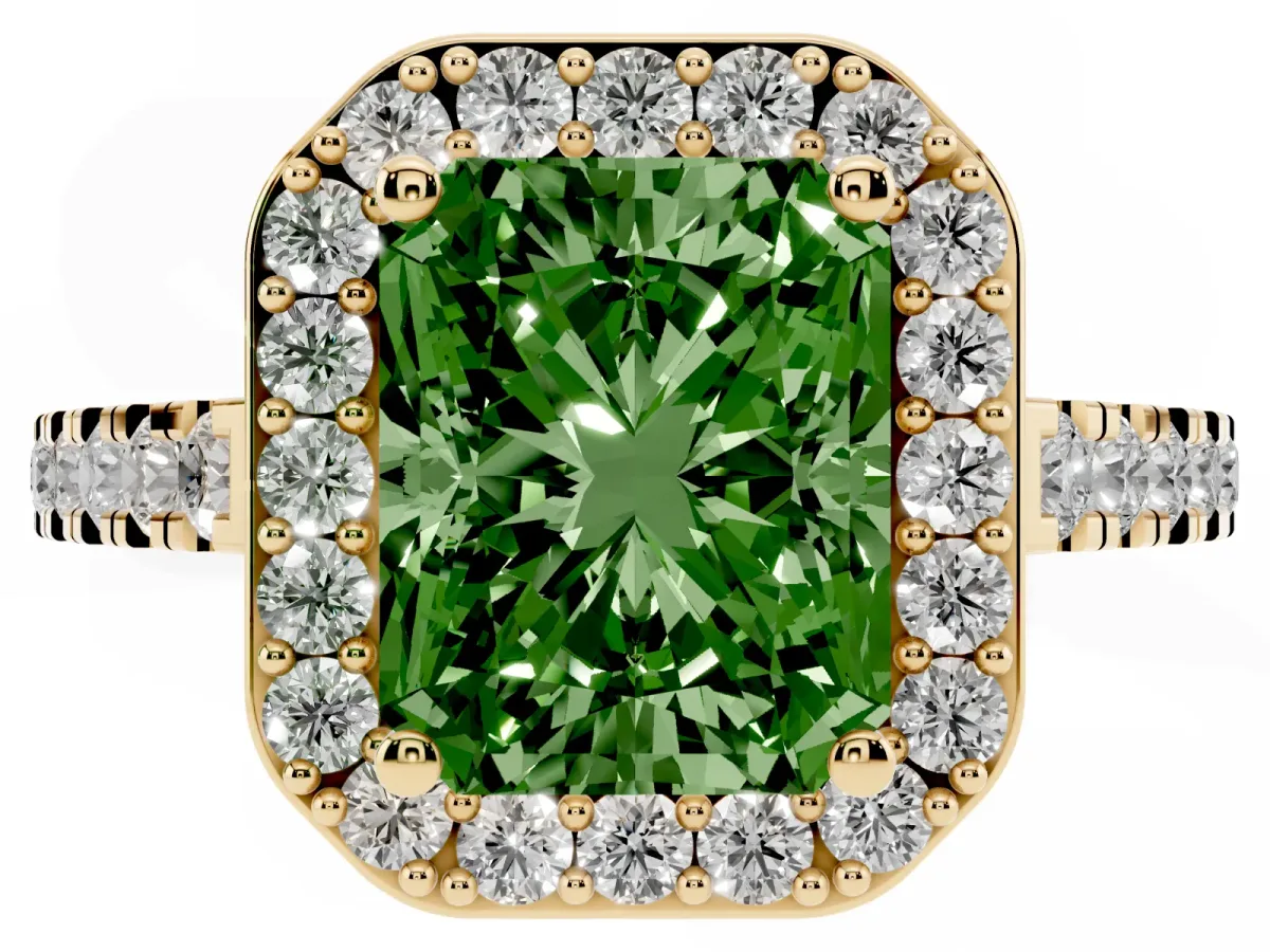 Fancy Green Radiant Cut Diamond Halo Ring with Round Pavé Split Shank and Prong Setting Yellow gold