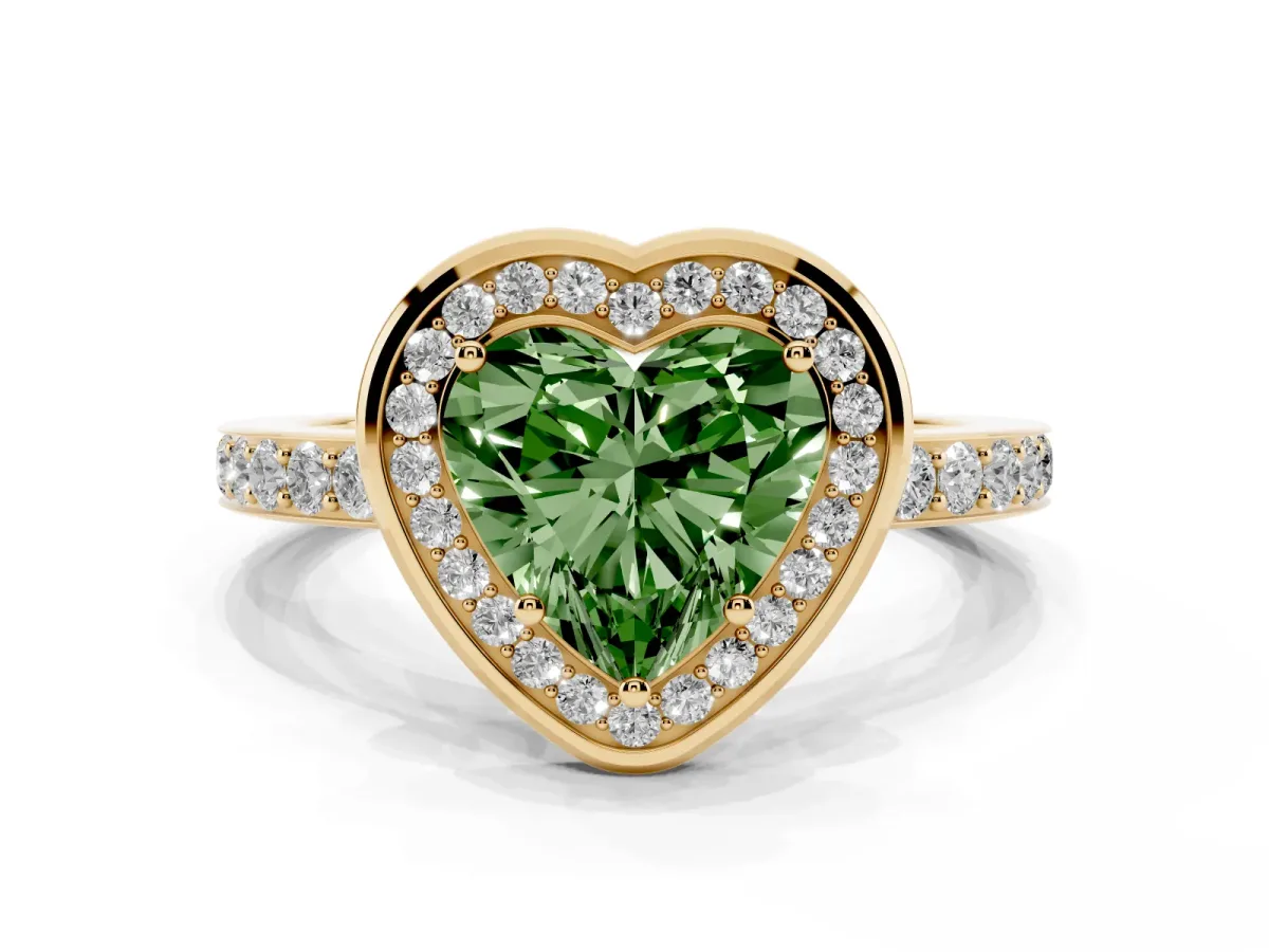 Fancy Green Heart Cut Diamond Halo Ring with Bezel Frame and Pavé Band Yellow gold