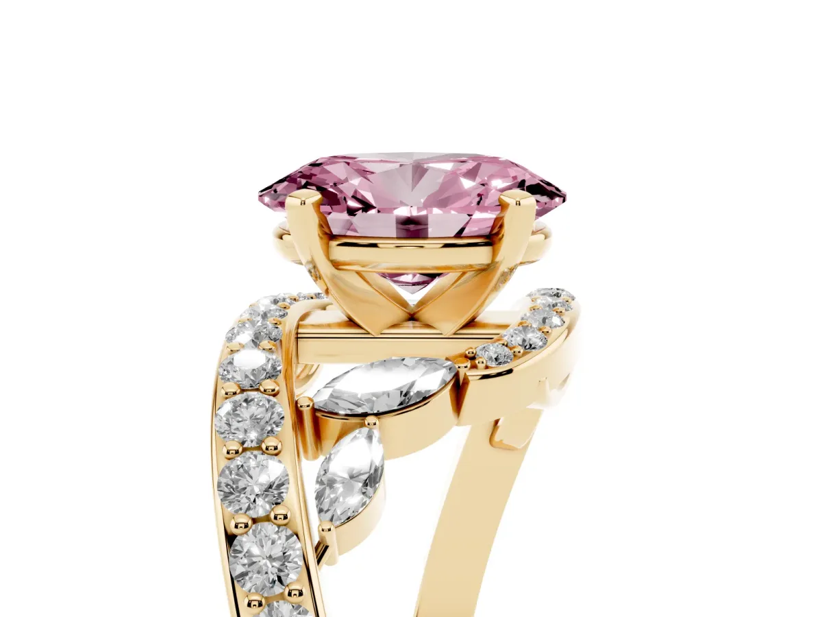 Fancy Pink Oval Cut Solitaire with Pavé Twist Band and Four-Prong Setting Yellow gold