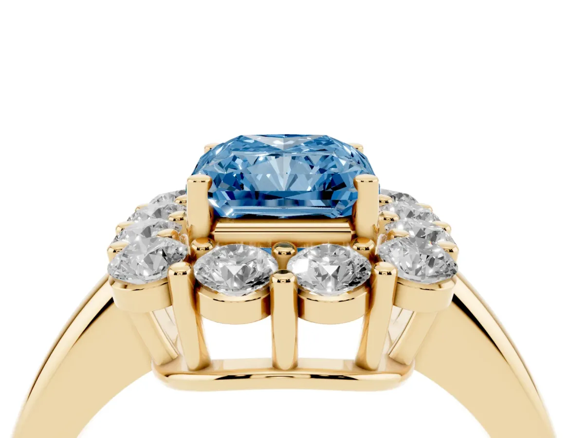 Fancy Blue Radiant Cut Halo Cluster Diamond Engagement Ring with Prong Setting and Polished Band Yellow gold