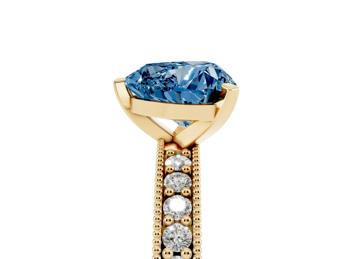 Fancy Blue Heart Cut Diamond Milgrain Pavé Engagement Ring with Four-Prong Setting Yellow gold