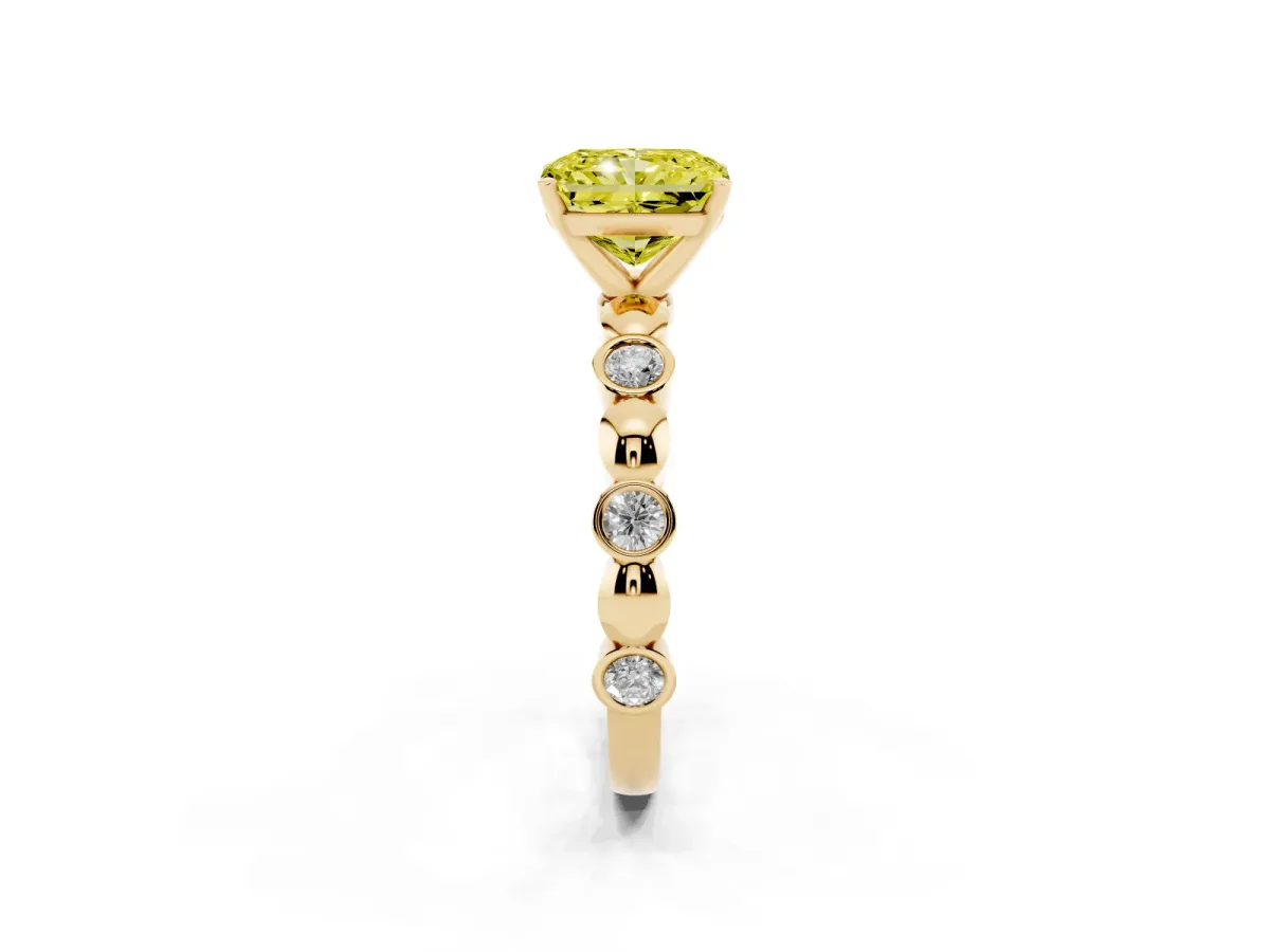 Fancy Yellow Radiant Cut Solitaire Bezel-Set Diamond Ring with Beaded Band and Four-Prong Setting Yellow gold