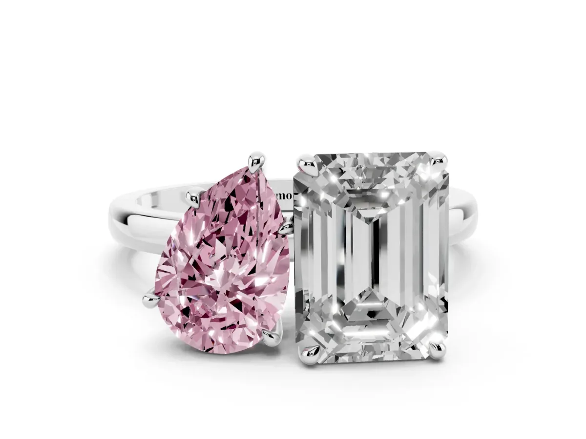 Fancy Pink Pear Cut and Emerald Cut Toi Moi Ring with Prong Setting Platinum