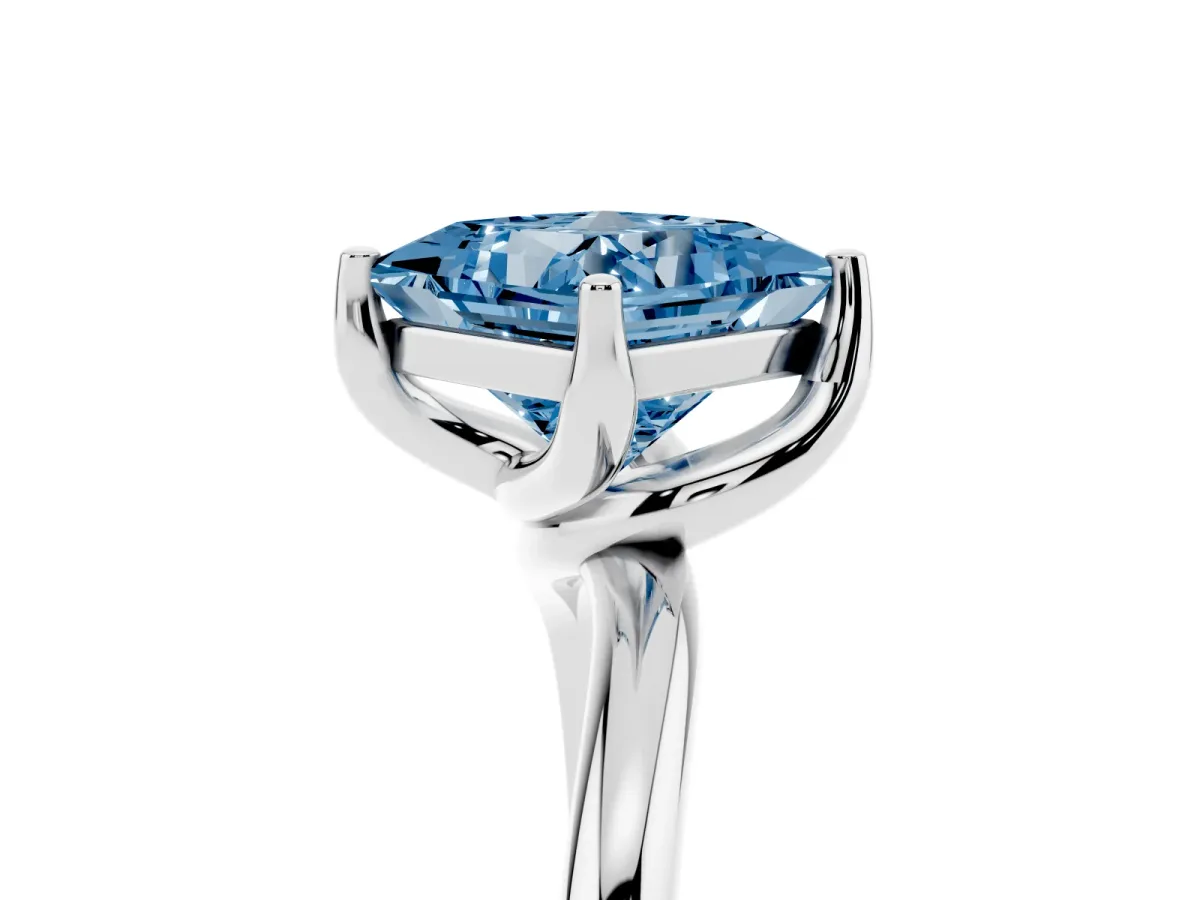 Fancy Blue Princess Cut Diamond Solitaire Engagement Ring with Four-Prong Setting and Classic Band Silver