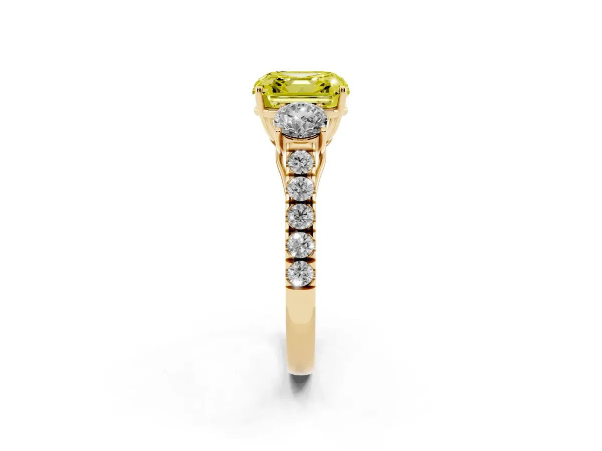 Fancy Yellow Asscher Cut Cut Diamond Three-Stone Ring with Round Side Stones and Pavé Band Yellow gold