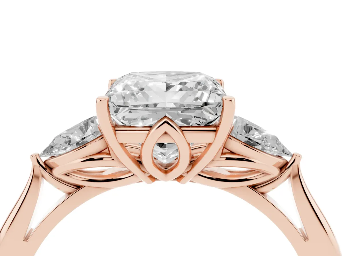 Princess Cut Diamond Three-Stone Ring with Pear Side Stones and Prong Setting Rose gold