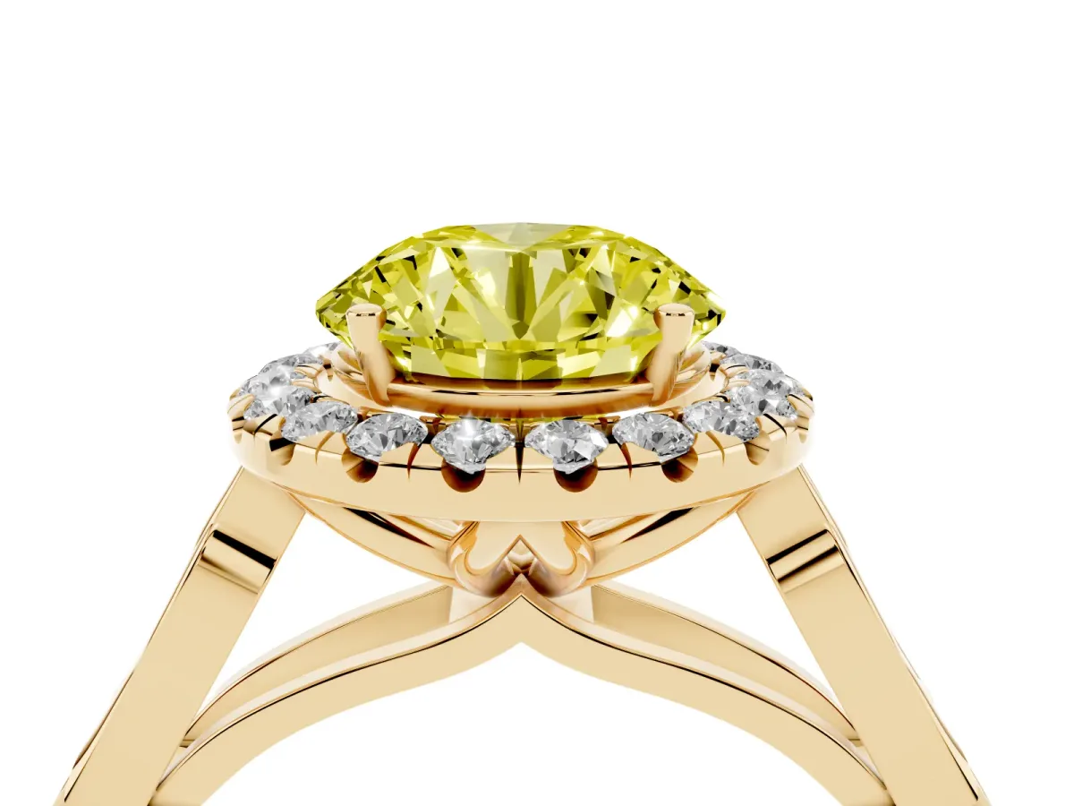 Fancy Yellow Round Cut Halo Diamond Engagement Ring with Filigree Band and Four-Prong Setting Yellow gold