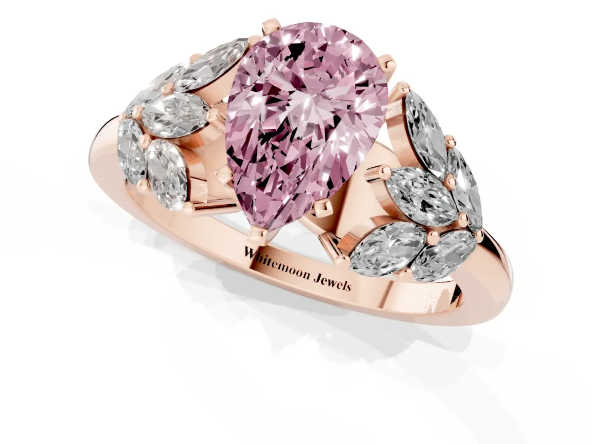 Fancy Pink Pear Cut Diamond Cluster Leaf Design Ring with Prong Setting Rose gold
