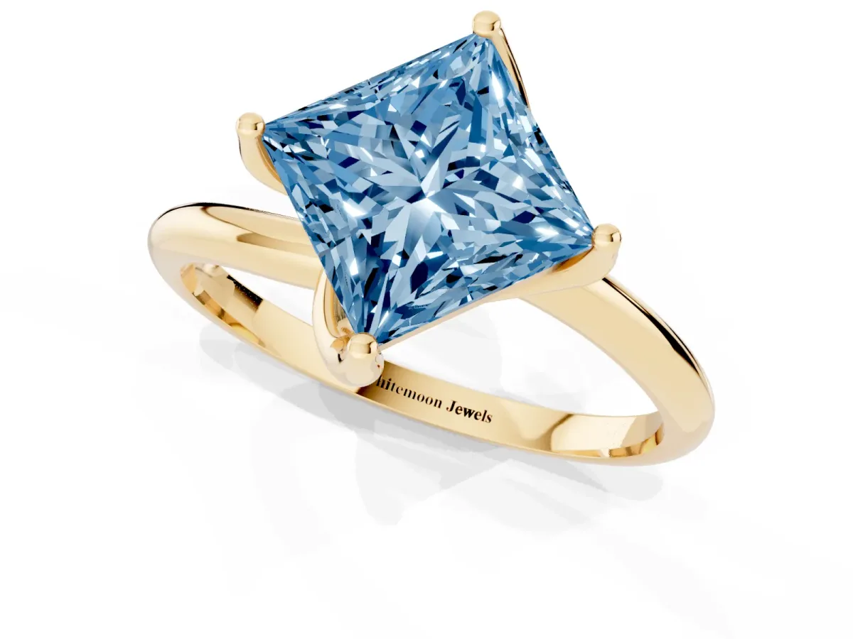 Fancy Blue Princess Cut Diamond Solitaire Engagement Ring with Four-Prong Setting and Classic Band Yellow gold