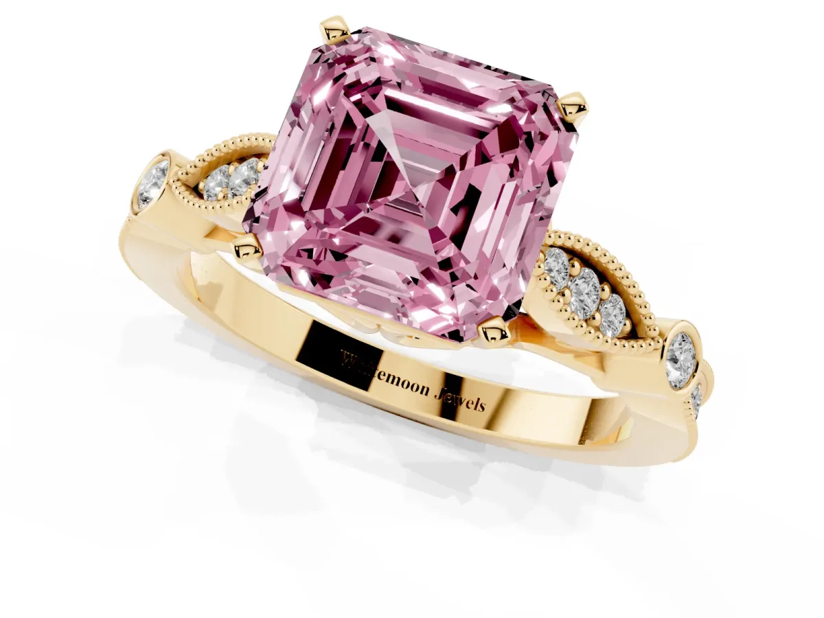 Fancy Pink Asscher Cut Cut Diamond with Milgrain Marquise and Bezel Accents on a Solitaire Band with Prong Setting Yellow gold