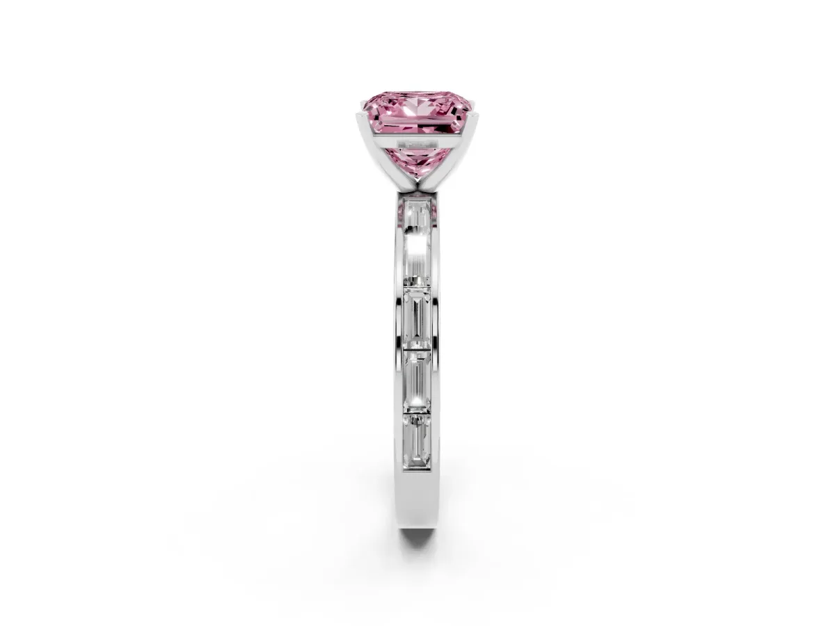 Fancy Pink Princess Cut Solitaire Diamond Ring with Channel-Set Baguette Band and Four-Prong Setting Silver