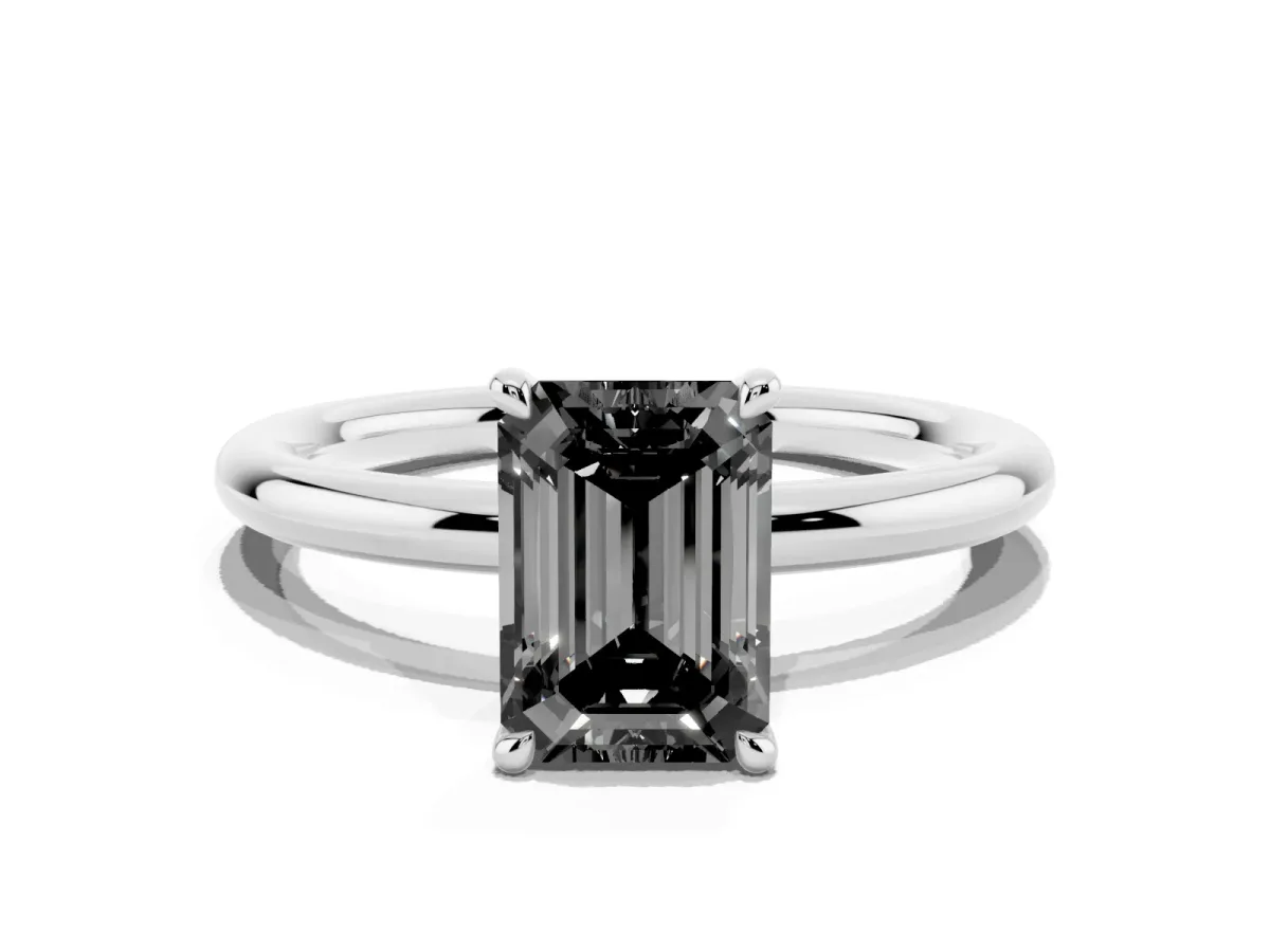 Fancy Black Emerald Cut Diamond Solitaire Ring with Thin Band and Four-Prong Setting Silver