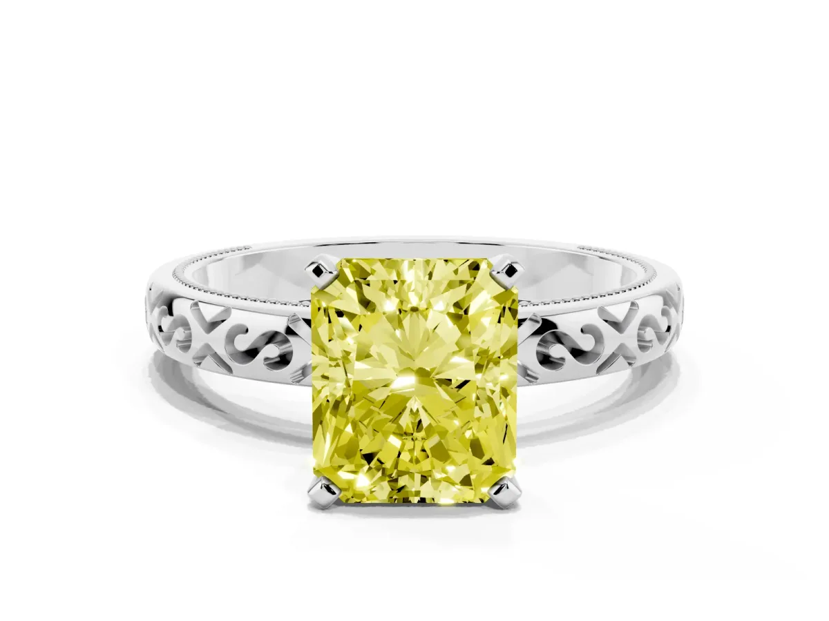 Fancy Yellow Radiant Cut Solitaire Engagement Ring with Scrollwork Band and Four-Prong Setting White gold