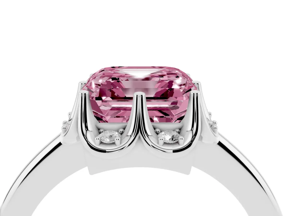 Fancy Pink Asscher Cut Halo Diamond Ring with Round Cluster Setting, Solitaire Band, and Four-Prong Setting Silver