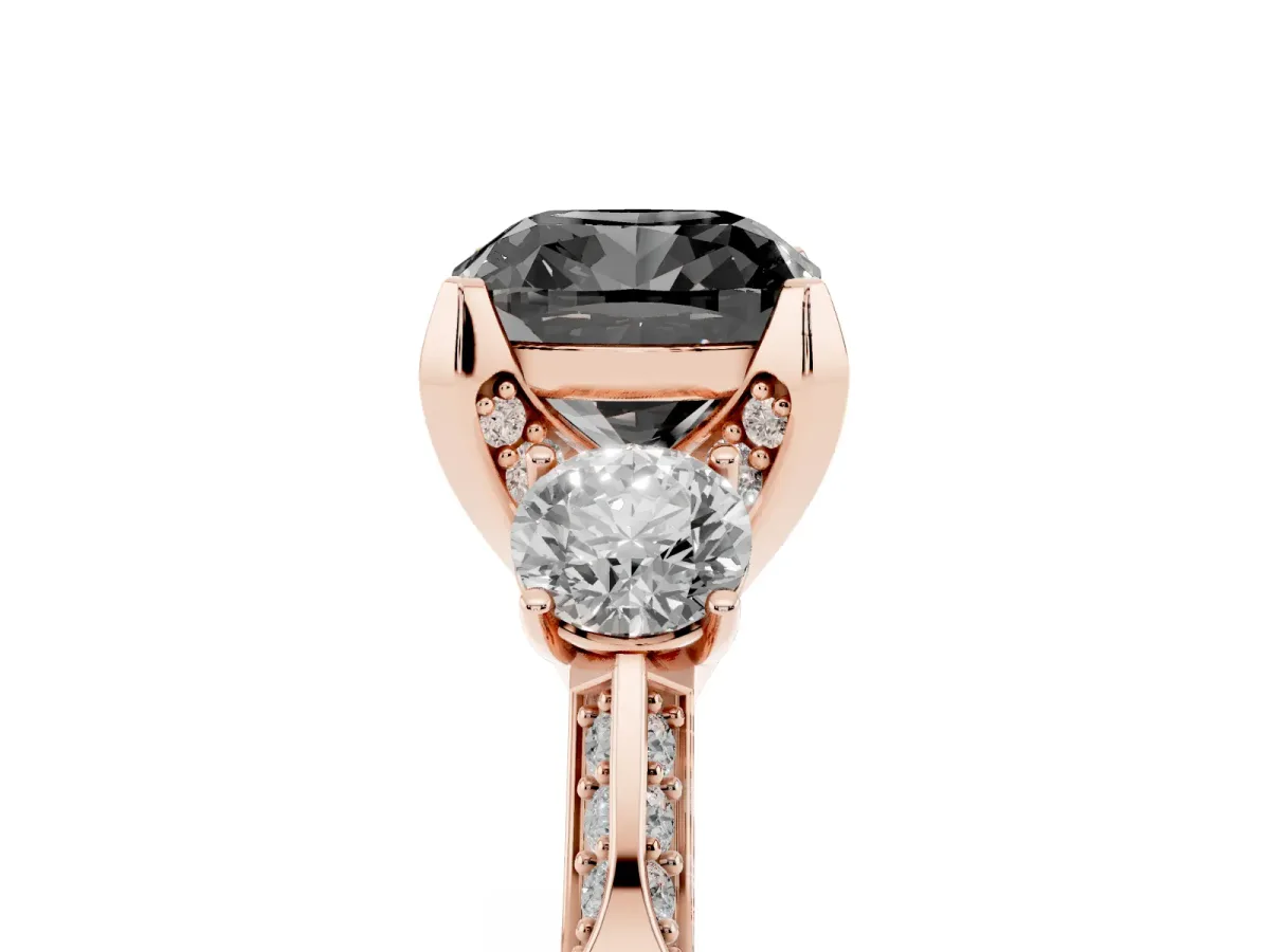 Fancy Black Cushion Cut Brilliant Three-Stone Diamond Ring with Pavé Band and Four-Prong Setting Rose gold
